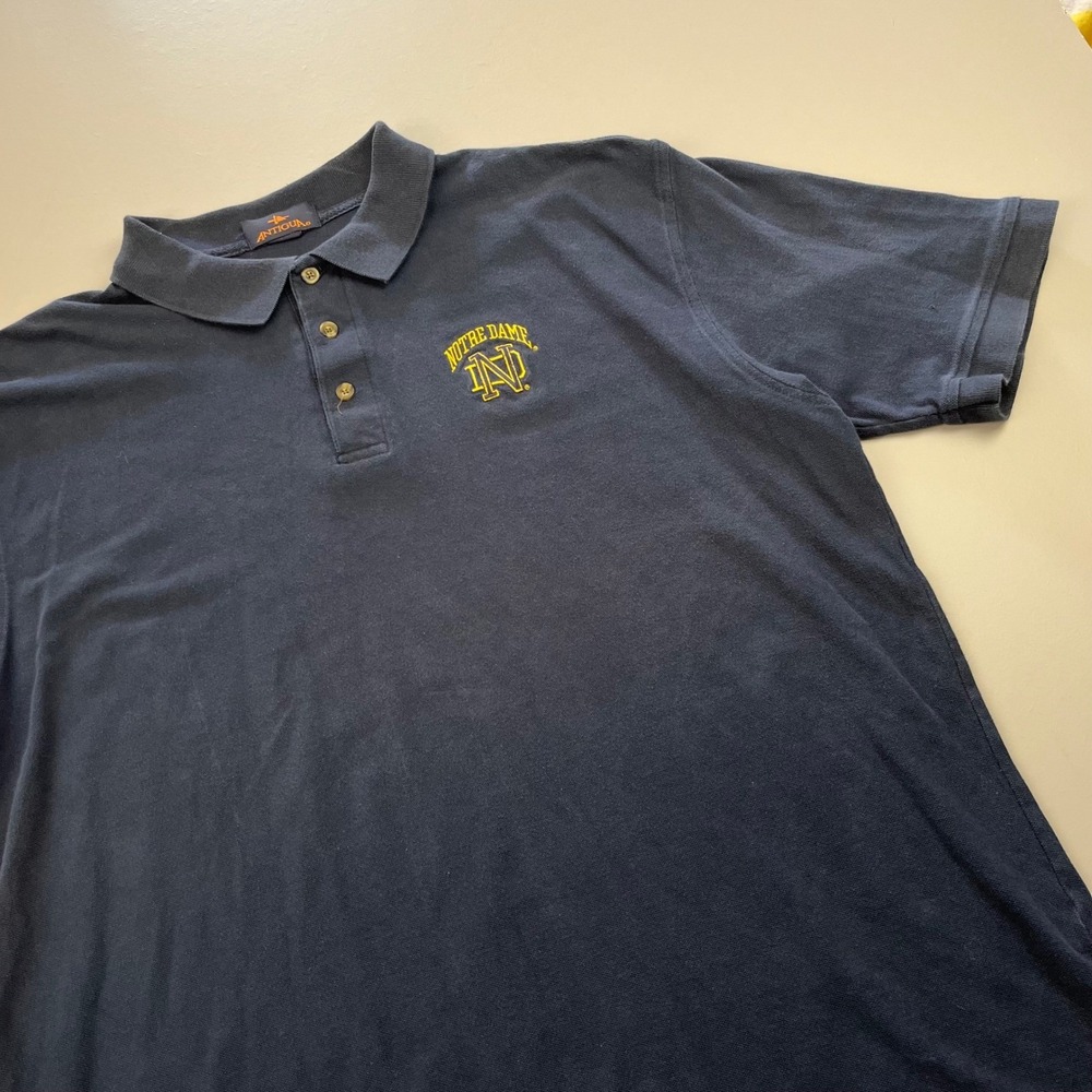 VTG Antigua Polo Shirt Mens XL Navy Blue Notre Dame Fighting Irish Cotton Logo